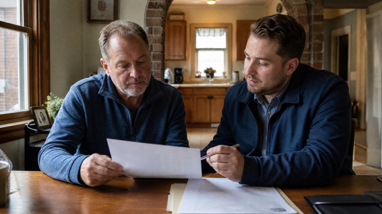 Homeowner reviewing a cash offer with a local home buyer at a kitchen table