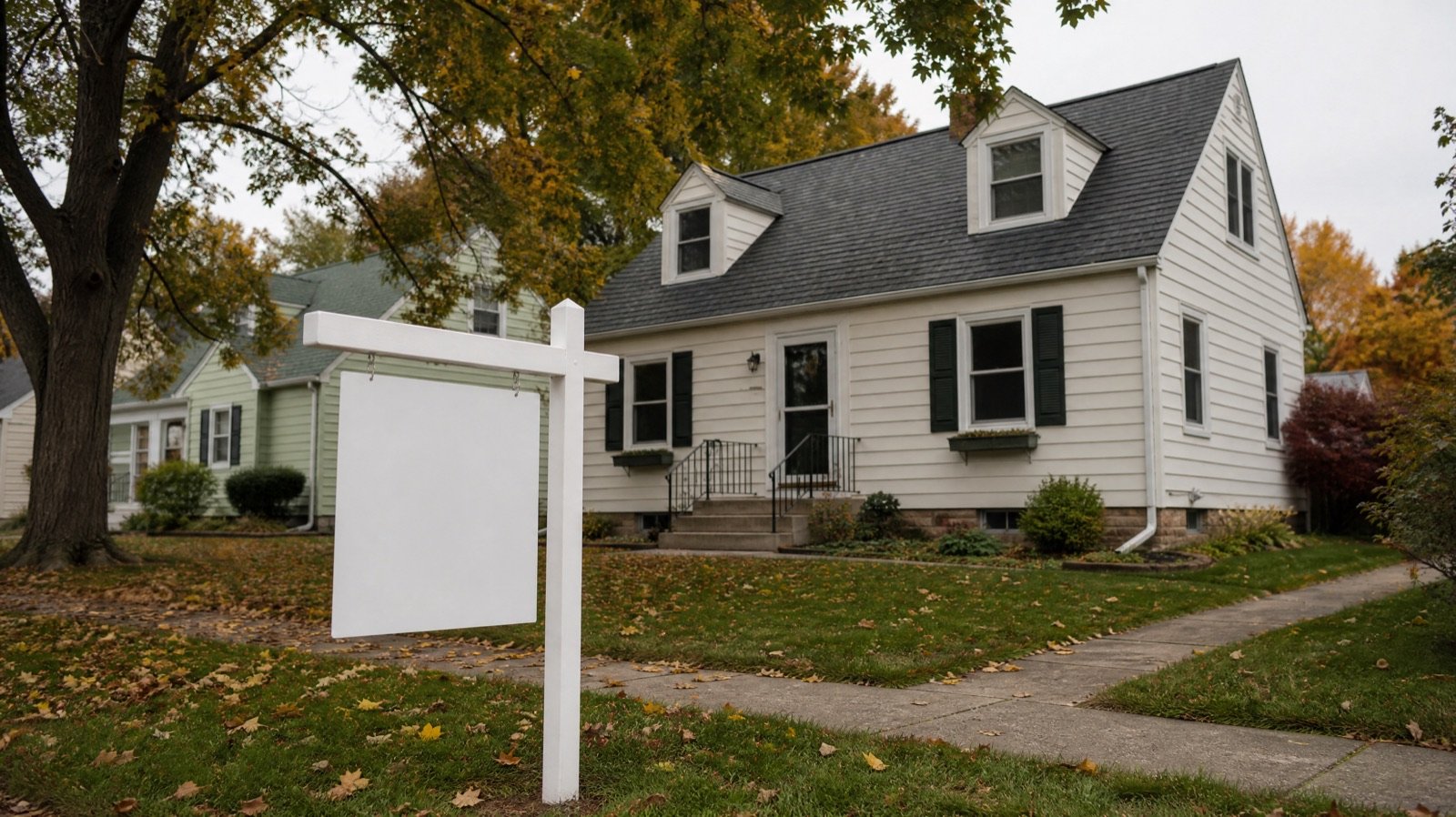 A Wisconsin Cape Cod house with a blank for sale sign in autumn